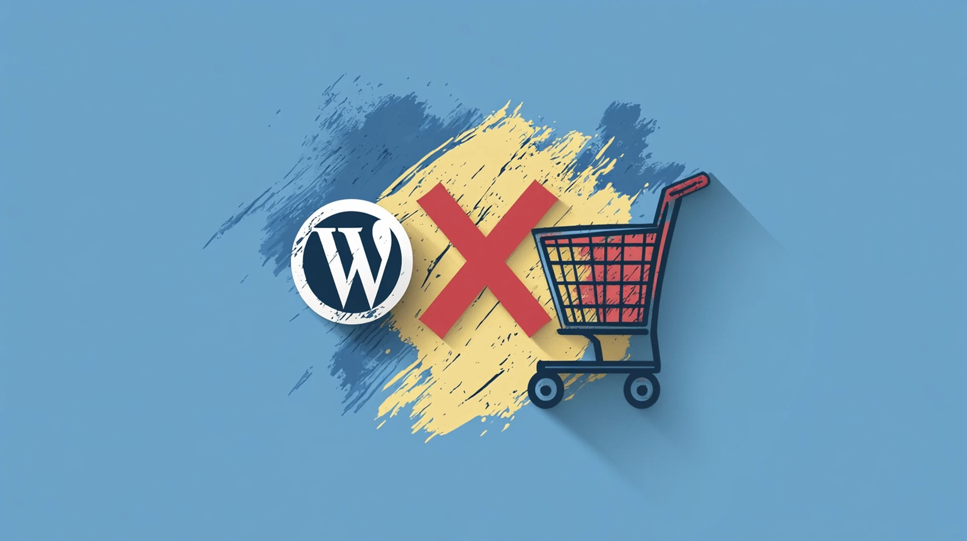 WordPress logo a sinistra e icona del carrello WooCommerce con una grande X rossa sopra a destra, simbolo della rimozione dell'icona del carrello dal sito.